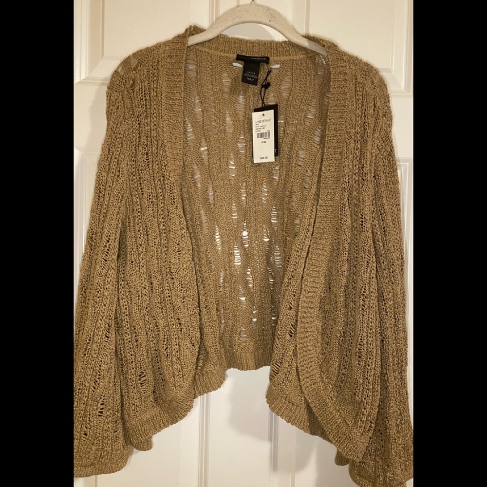 NWT Lane Bryant beige/gold distressed weave, open, bell sleeve cardigan.